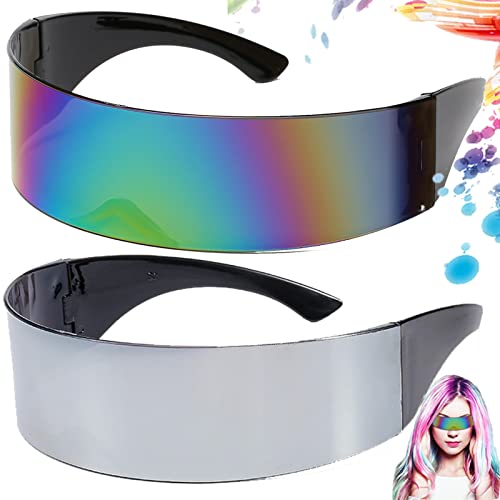 Truee 2 Pezzi Occhiali da Sole Futuristici Cyberpunk, Occhiali con Visiera a Specchio per Uomo, Bar, Party (Argento, Colorato)