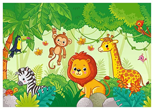 wandmotiv24 Fototapete Löwe Zebra Giraffe Palme, 300 x 210 cm - selbstklebende Vliestapete 150g, Wanddeko, Wandbild, Wandtapete, Dschungel Tiere Tukan Affe M6876