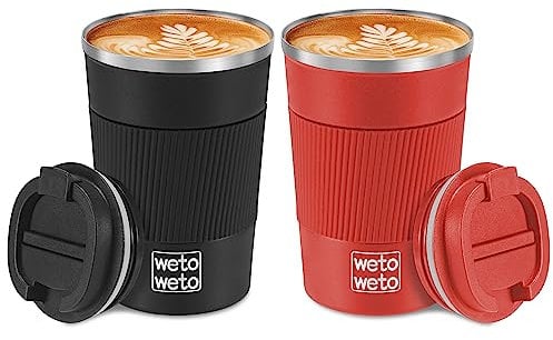 WETOWETO 12oz Coffee Mug, Insulated Travel Mug, Stainless Steel Tumbler, Coffee Mug with Lid, Portable Thermal Mug, Reusable Travel Coffee Cup for Hot and Cold(Black & Red)