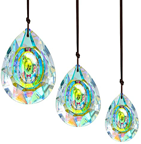 H&D HYALINE & DORA Kristallprisma Sonnenfänger zum Aufhängen am Fenster, Glasprisma Sonnenfänger Anhänger für Hausgarten Dekoration, 76 mm/63 mm/50 mm Kronleuchter Prisma, 3 Stück