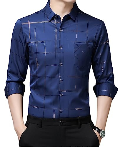 Frühling Langarm Shirts Männer Slim Fit Luxus Seide Hemd Casual Plaid Shirts Männer Kleidung Navy Blue XXL