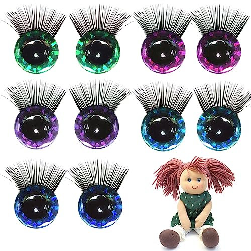 10 Stück Glitter Sicherheitsaugen 20mm Puppenaugen mit Wimpern Kunststoff Sicherheitsaugen für Häkeltiere mit Unterlegscheiben Knopfaugen für Häkeltiere, Puppenherstellung, Stofftiere