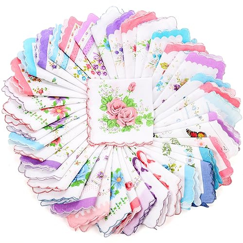 Goaste Taschentücher aus Baumwolle, 30 x 30 cm, für Damen, mit Vintage-Blumendruck, Teeparty-Einstecktuch mit gewelltem Rand, Einstecktuch für Geschenke, Hochzeiten, Heimdekoration, 40 Stück
