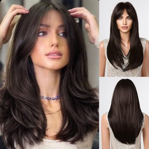 Allbell Lange Schichten dunkelbraune Perücken mit Vorhang Bangs Hitzebeständige natürliche Syntehtic Perücken für Frauen