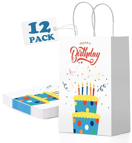 Switory 12 Stück Geburtstag Geschenktüten, Weiß Party Papiertüten Klein Papiertüten mit Henkel zum Mitgebsel Kindergeburtstag, Geschenken, Party 15x8x21CM