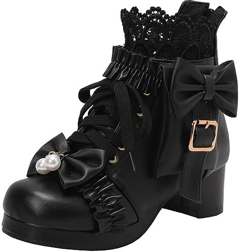 LUXMAX Lolita Kawaii-Schuhe für Damen, Blockabsatz, süße Schnürstiefeletten mit Schleife, Schwarz, 38 EU