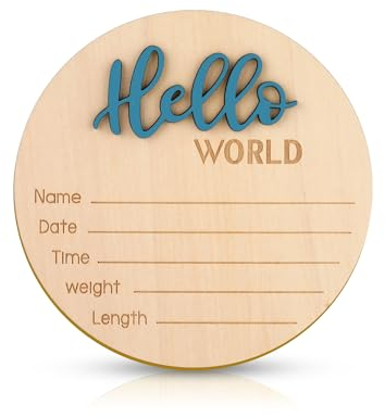 Panneau d'Annonce de Bébé, 15cm en Bois Hello World Panneau de Bienvenue pour Nouveau-Né Carte Mensuelle Bebe Bois pour Accessoires Photo Fête Prénatale Hôpital Crèche(Bleu)