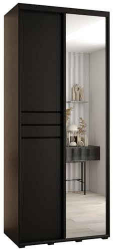 MEBLE KRYSPOL Davos 11 110 Schrank mit Zwei Schiebetüren für Schlafzimmer - Moderner Schrank mit Spiegel, Kleiderstange und Regalen - 235,2x110x60 cm - Schwarz Schwarz Schwarz