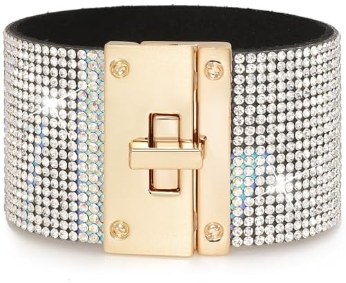 Suyi Leder Wickelarmbänder für Frauen Breites Strass-Armband Bohemian Armreif Armband Silver