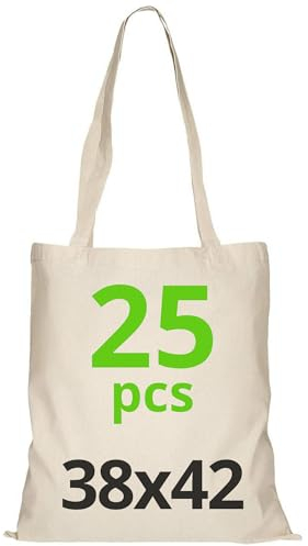 Baumwolltasche 38x42 cm, Packung mit unbedruckten Taschen, lange Träger, widerstandsfähige Stofftaschen, wiederverwendbare Einkaufstasche zum Bedrucken oder Bemalen, 38x42cm, Natur, 25 Stück