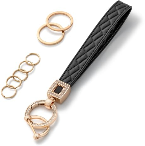 AOKSUNOVA Schlüsselanhänger Leder, Auto Schlüsselanhänger Glitzer Keychain mit 5 Schlüsselring und Anti-Lost D Ring,Geschenk für Damen oder Männer(Schwarz)