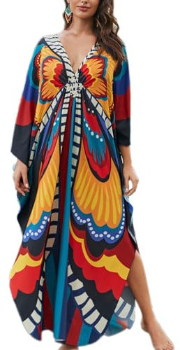 Baynetin Women's Long Tiedye Kaftan Dress, Print Kimono Maxi Beach Boho Party Dress Plus Size Bathing Suit Cover Ups Batwing Sleeve Print Loungewear (Butterfly)