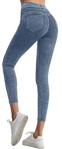 Onsoyours Jeggings Damen Stretch Bequem High Waist Jeans Leggings mit Taschen Skinny Jeanshosen Casual Sexy Denim Jeggings Yogahose Streetwear A Hellblau M