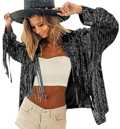 Damen Glitzer Pailletten Jacke Hiphop Langarm Lametta Fransenjacke Bomberjacke Reißverschluss Fliegenjacke Bikerjacke Outwear