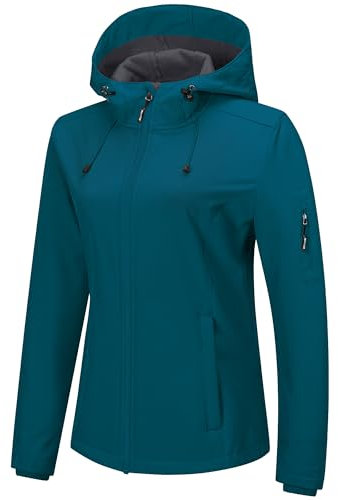 Outdoor Ventures Giacca da donna, impermeabile, traspirante, softshell – Giacca per le mezze stagioni, antivento, giacca funzionale con cappuccio, Ciano scuro, XL