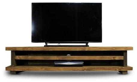 BLU Coast Ashlett Widescreen Solid Wood Tv Unit with Open Shelving, Low Natural Wood Rustic Media Cabinet, Storage for Sound Bars, Gaming Consoles and Home Electronics 200lx40Dx38H – Dark Oak