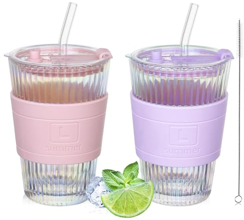 UHAPEER 420ml Iridescent Glass Cups with Lids and Straws,Ripple Iced Coffee Glass Mug with Straw and Lid, for Ice Water, Juice, Tea, Milk Tea,Milk, Smoothie and Cold or Hot Drinks, Set of 2