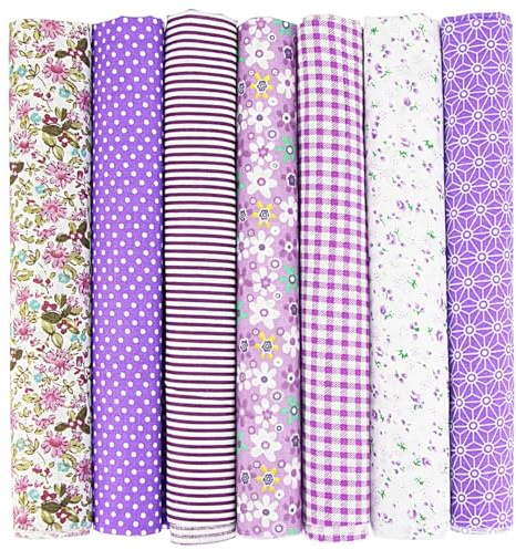 Sarini 50 x 50 cm bomullstyg för lapptäcke 7 delar bomullstyg för lapptäcke för gör-det-själv handsömnad, quiltning, tyger med olika mönster (ton, lila)