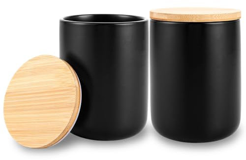 GBACHOOSE 2 Stück Vorratsdosen mit luftdichtem Holzdeckel, 800ml Schwarz Kaffeedose, Vorratsdosen Schwarz Keramik Aufbewahrungsdose für Tee, Zucker, Kaffee, Bohnen, Nüsse, Gewürze