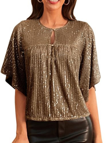 GRACE KARIN Women's Party Sequin Top Glitter Party Tops Cocktail Blouse Brown L