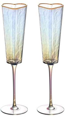 2PCS Champagne Flutes,Golden Rimmed Heart Shaped Crystal Champagne Flutes Clear Glasses Goblet Durable Wine Drinking Glass for Wedding Party