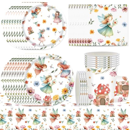 SWZY Fairy Tableware Set - 51 Pcs Kids Theme Birthday Party Decorations Includes - Paper Plates, Napkins, Cups, Tablecloth