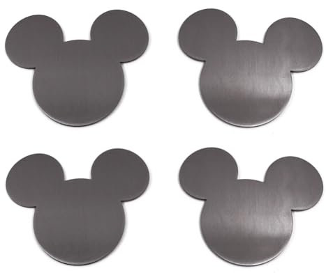 Finex 4-teiliges Set, silberfarben, Micky-Maus-Kopf-Untersetzer, Edelstahl, rutschfest, kratzfest, Küchentisch, Camper, Untersetzer, Set mit 4 Stück mit Halter