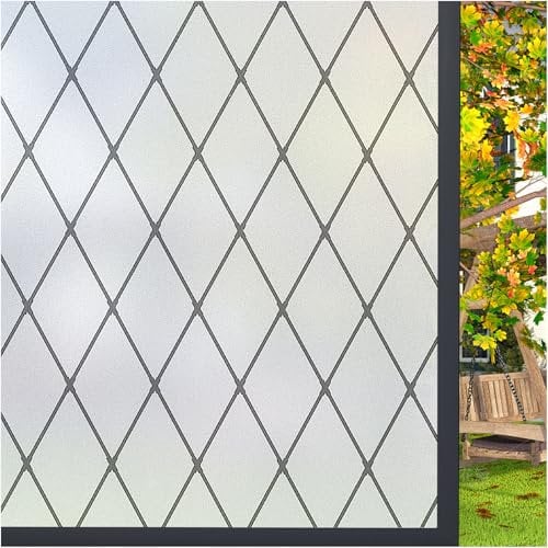 Deabevn Fensterfolie Blickdicht von Aussen, Milchglasfolie Statisch Haftend & UV-Schutz, 60 x 200 cm Schwarze Gitter Sichtschutzfolie Wiederverwendbar für Badezimmer, Küche, Fenster, Tür
