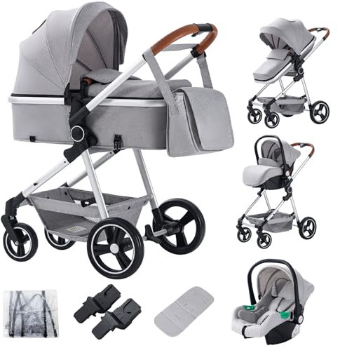 Zkiprm 3-in-1-Kinderwagen, tragbar, mit Autositz, 3 Modi, umwandelbar, Gestell aus hochwertigem Aluminium, hohe Sicht, leichter Kinderwagen, Grau