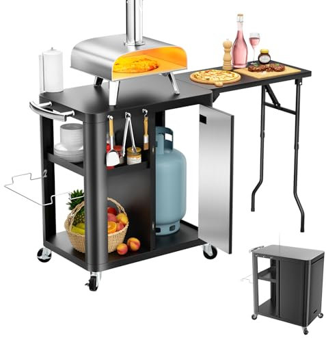 GFTIME Carrello per barbecue, 143 x 37 x 89 cm, supporto per pizza, tavolo mobile per barbecue da esterno, carrello da lavoro con tavolino pieghevole, gancio, scaffale e armadio, carrello da servizio
