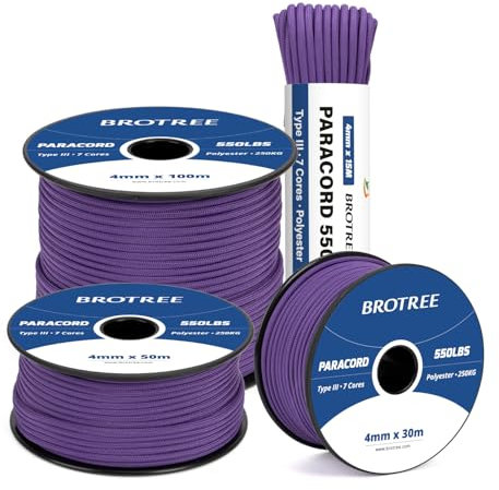 Brotree 550 Paracord 4mm 15m Schnur 100% Polyester Seil Reißfest Typ III 7 Kern für Armbänder, Basteln, Outdoor, Camping, Survival - Lila