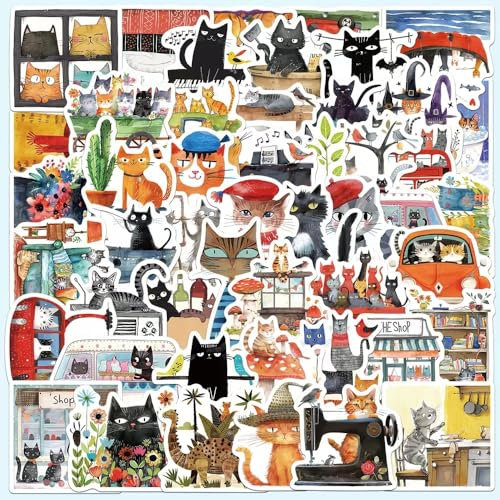 50pcs Nette Katze Illustration Aufkleber, wasserdichtes Vinyl Cartoon Kitty Aufkleber für Teenager-Mädchen, Kawaii Tier Kunst Malerei Aufkleber
