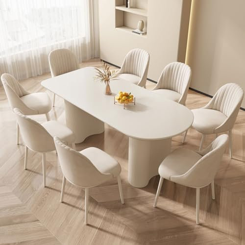 Miuuod 70 Großer Ovaler Esstisch Set mit 8 Polsterstühlen, Kratzfeste Tischplatte & Wellenbeine, Ästhetisches Design für Küche, Esszimmer oder Bar, Weiß