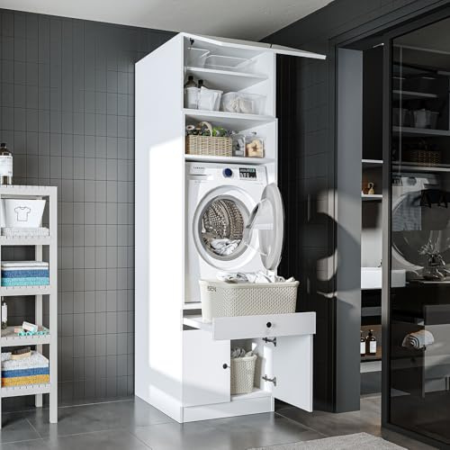 ROOMART • Waschmaschinenschrank mit Ausziehplatte • Platzsparend • Praktisch • Ideal für Hauswirtschaftsraum (Weiß, 1 Schrank - (230 cm hoch))