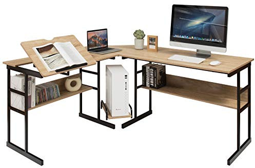 GYMAX Bureau d'Ordinateur en Forme L, Bureau d'angle avec Pieds Métalliques & Grand Espace de Rangement, Poste de Travail avec Tablette Inclinable (Naturel)