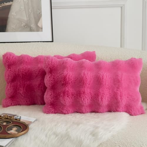 Mandioo 2er Set Luxus Dekorativ dicken Woll Kissenbezug Super Soft Wave Blase Plüschwolle werfen Kissenbezüge Zierkissenbezüge Sofakissen Schlafzimmer Kissenhülle für Sofa 30x50cm heiß pink