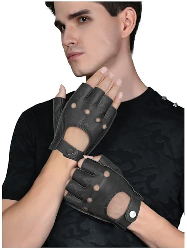 GSG SINCE 1998 Guantes de cuero para hombre sin dedos | Medio dedo en piel de oveja, palma ventilada, sin forro, transpirables, para conducir, ciclismo y moto