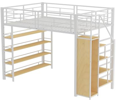 SogesPower Hochbett 140x200 cm in Weiß Metallbett mit integriertem Kleiderschrank und Sicherheitsumrandung, bis 120 kg belastbar rutschfeste Treppe
