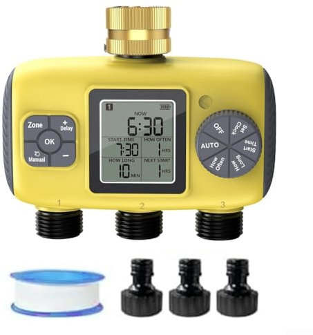 JGmotorfi Timer per irrigazione da giardino a 3 zone, sistema di irrigazione automatico con ingresso in ottone, 3 uscite, programmi multipli, funzione blocco bambini, controllo manuale, giallo