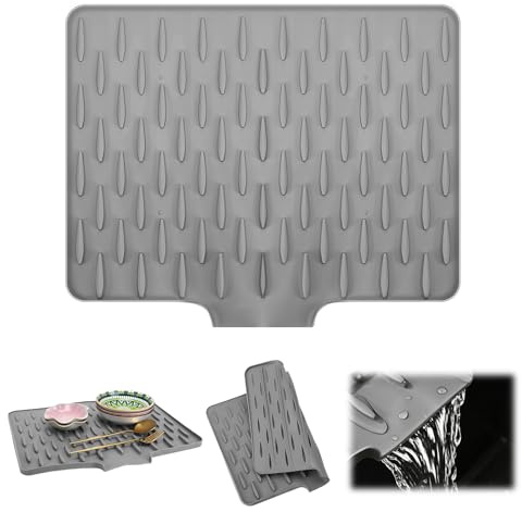 Silicone Draining Mat,40*32.5cm,Silicone Dish Drying Mats, Non-Slip Sink Drainer Mat,No-Spill Mat & Heat Resistant Folding Draining Board Mat for Kitchen Counter,Sink (Grey)