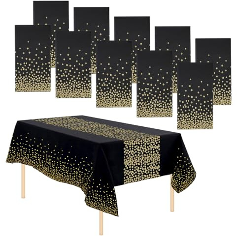 10 Packs Party Tablecloths Disposable Table Cloths Covers Wipeable Plastic Tablecloth Waterproof Table Decoration for Indoor Outdoor Birthdays Weddings Christmas (Black Gold with Runner Printed)