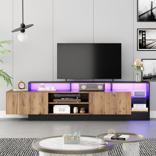 Merax TV Schrank mit LED-Beleuchtung, Lowboard für 70 Zoll Fernseher, Wohnzimmer Möbel aus Spanplatte mit Holz- und Schwarzdesign, 2 Schranktüren, 4 dynamische LED-Modi, Moderne TV Board
