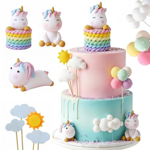 BondEron 9 teiliges Einhorn Dekor Set für Kuchen Regenbogen Horn Torten Deko für Geburtstag Party Wiederverwendbar Torten Dekoration