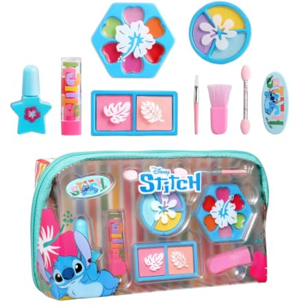 AIR-VAL Disney Stitch Make-up Täschchen – Kinderschminkset mit Zubehör ab 3 | 6 Herz-Lipglosse, 2 Blushes, 3 Lidschattenfarben, blauer Nagellack, Haarclip, Blushpinsel, Applikatoren, Peach, Rosé & Pink