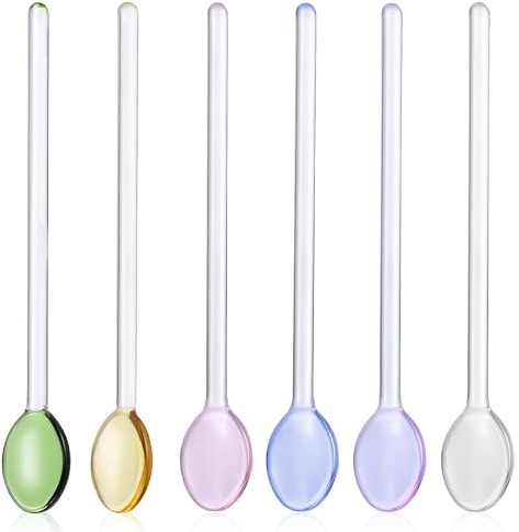 SHINEOFI 6Pcs Coffee Teaspoons Glass Long Handled Stirring Spoons | Clear Glass Spoons for Stirring Drinks Coffee Tea Desserts Easy to Clean Resistant to Staining and Flavors Kitchen Utensils