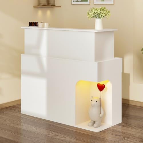 Rezeptionstheke Ladentheke mit LED 3 Farben Rezeptionstheke Ladentheke mit abschließbarer Schublade und Regalen Empfangstisch Tisch Rezeptionstresen für Salon Restaurant Cafe Weiß&Eiche 120x50x110cm