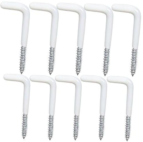 AmiCera 10Pcs L Screw Hooks, Screw in Hooks for Wood-12kg Loaded, M4x50mm White Plastic Coated Self-Tapping Wall Hooks for Hanging Towel, for Home Storage, Bathroom, Kitchen, Garden (Wood/Concrete)
