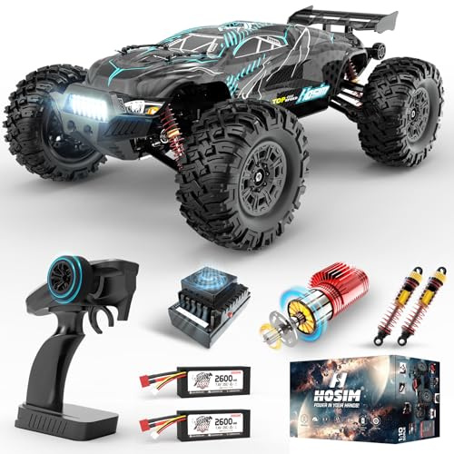Hosim 1/10 Brushless RC Auto für Erwachsene, 68+ km/h High Speed Ferngesteuertes Auto, 4WD Wasserdicht All Terrain Offroad Hobby Schnell RC Truck, 2.4G Elektro RC Car mit 2 Akku für 40 Min