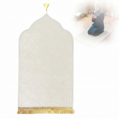 RANJIMA Gepolstert Gebetsteppich, Muslimischer Gebetsteppich Islamisches Flanell Teppich Geschenk Islamic Prayer Rug Geschenkset für Eid Ramadan Carpet Soft für Muslim Gebets Beten Teppich,Weiß