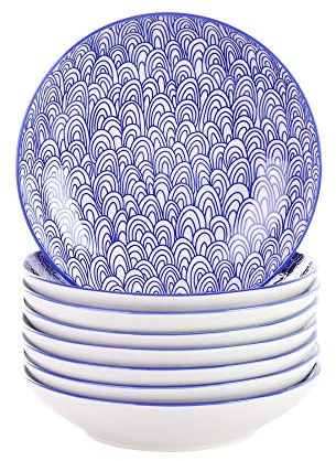 Vancasso Takaki Set 8 Pezzi Servizio da Piatti da Tavola in Porcellana Set di Piatti Fondi Ceramica, Piatti Piatto, Piatti da Dessert Insalata Pasta Pizza Tondo Colore Blu con Bianca per 8 Persone
